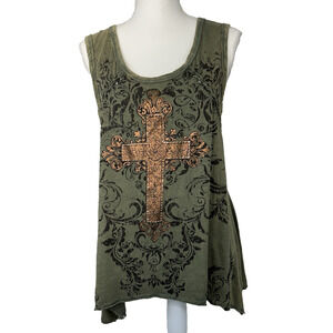 Vtg Beaded Studded Cross Tank Top Sz M Y2K Handkerchief hem Whimsigoth Bling